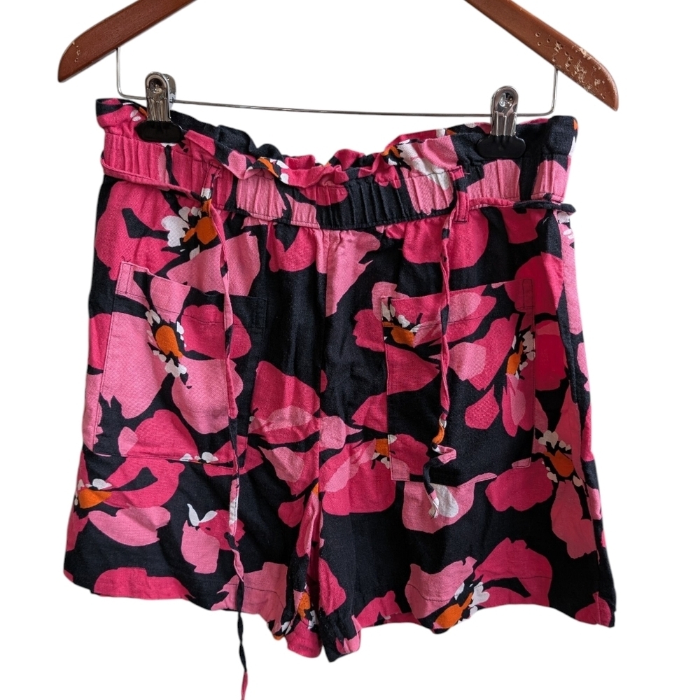 Who What Wear Pink Black Floral Linen Paperbag Shorts Size Medium